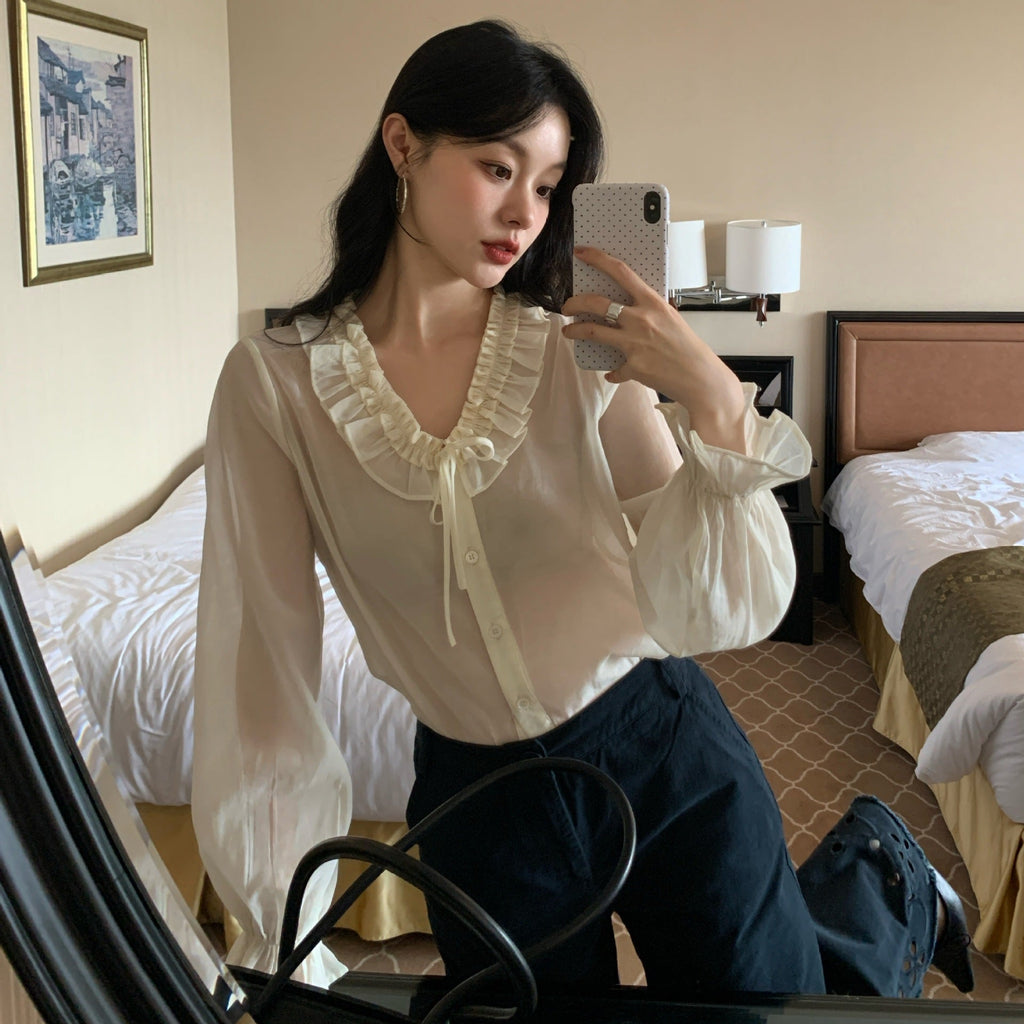 Gentle temperament perspective fungus edge lace-up long-sleeved shirt women