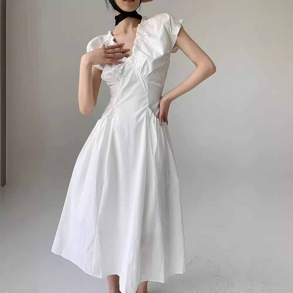 Summer coffee break French v-neck bubble sleeve dress women's summer high-end waist niche a-word long dress