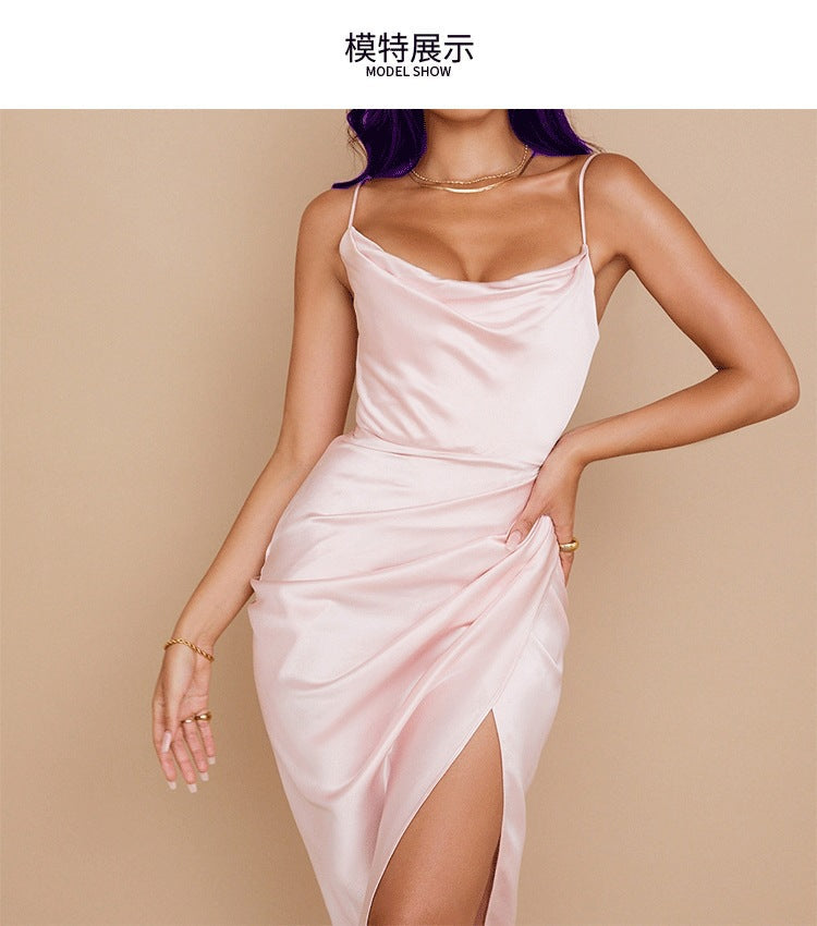Fashion Sexy Split Satin Dress Slim Temperament Sexy Suspender Split Skirt