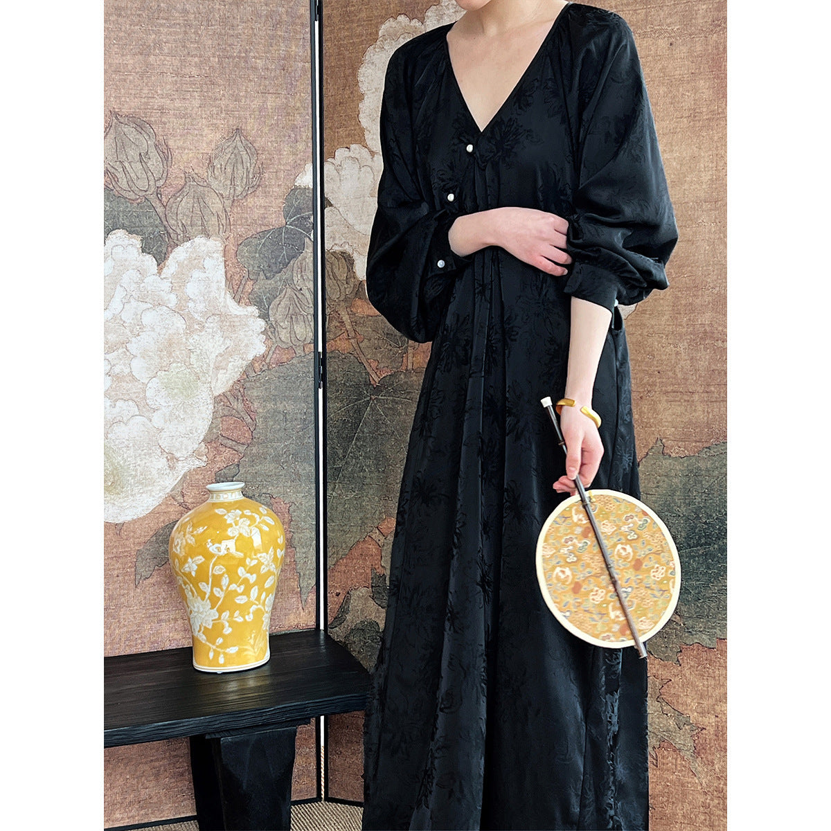 Button national style new Chinese dress medium and long knee lazy improved cheongsam jacquard skirt