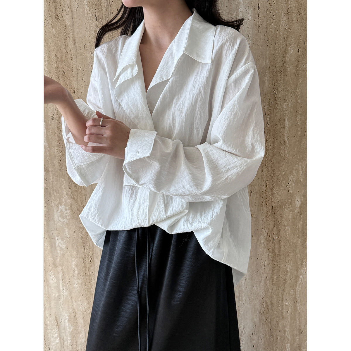 Korean slightly wrinkled texture design shirt women's spring new temperament long-sleeved top