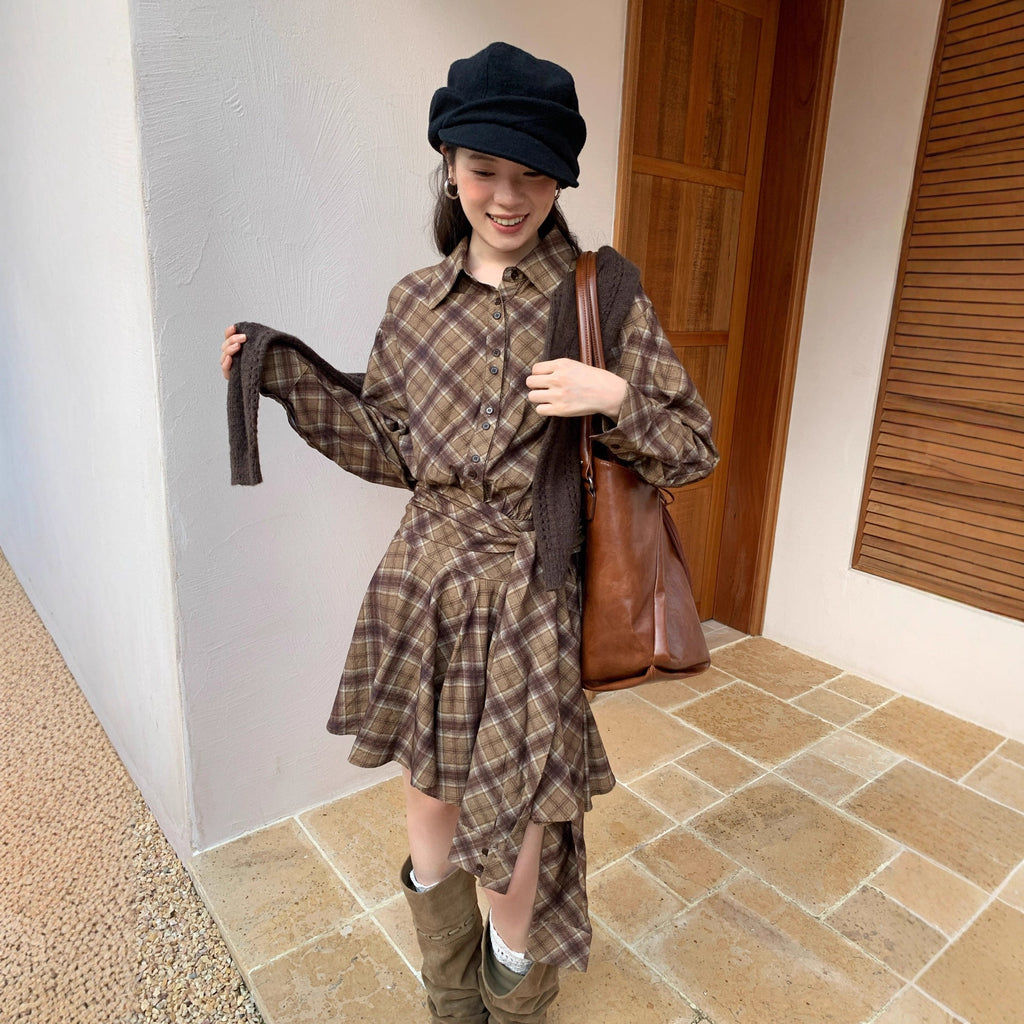 Literary retro waist plaid shirt dress