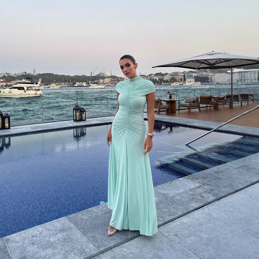 Spring new gauze mesh pleated dress temperament elegant slim hip wrap dress