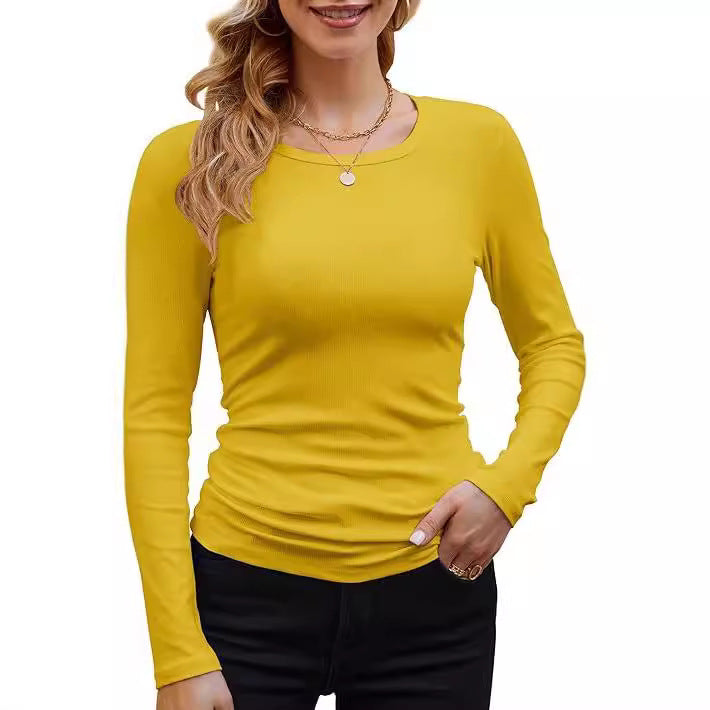 Ribbed Cotton Long Sleeve T-Shirt Women Solid Color Round Neck Slim Fit