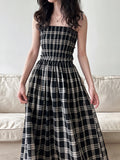Retro plaid tube top suspender dress for women's summer high-end elastic waist A-shaped long dress