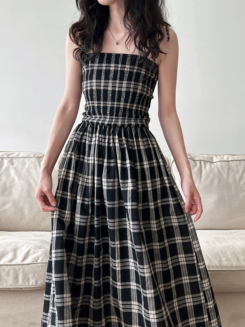 Retro plaid tube top suspender dress for women's summer high-end elastic waist A-shaped long dress
