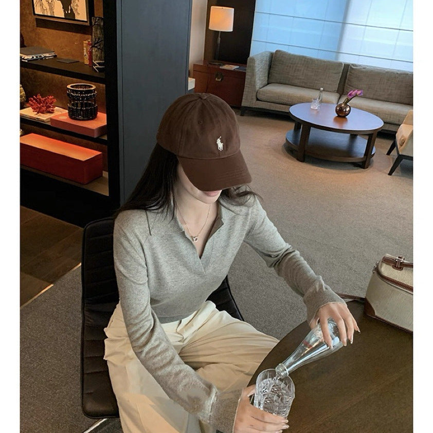 Polo Collar Knitted Sweater Women Loose Fit Long Sleeve Casual Top