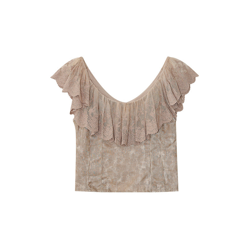 Slim-fit backless sexy ruffle-edged lace shirt top