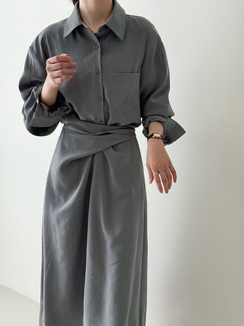 Korean intellectual gentle shirt strap dress women's autumn new irregular temperament long dress