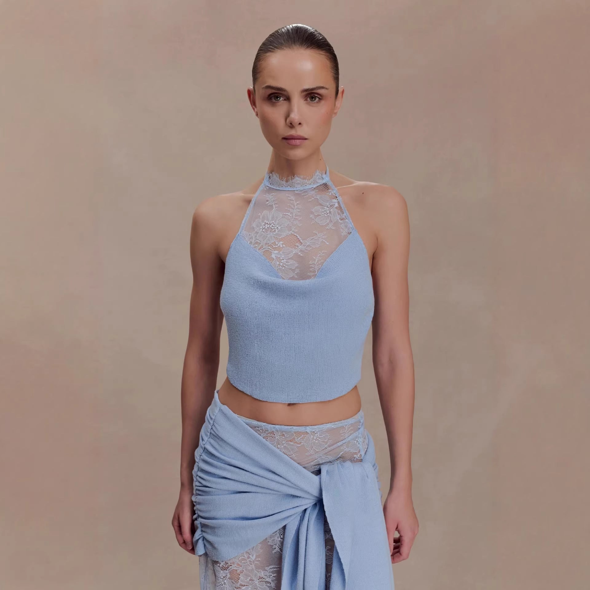 Beach vacation style sexy hollow lace skirt set swing collar top skirt two-piece set