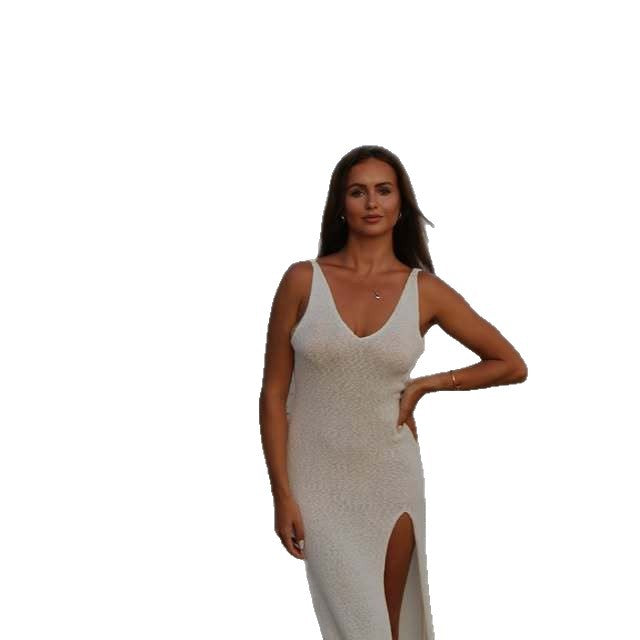 New fashionable back knitted dress V-neck vacation style sexy high split skirt