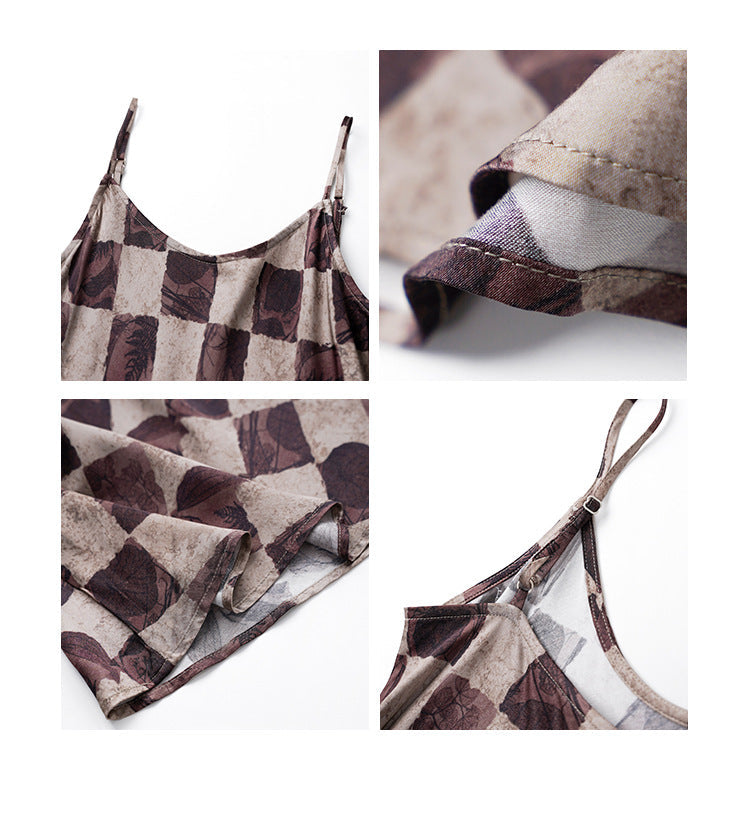 Skinny temperament checkerboard long suspender dress