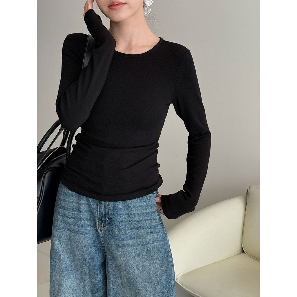 Basic solid color simple front shoulder versatile slim-fitting bottoming shirt women's early spring new stacked wear T-shirt