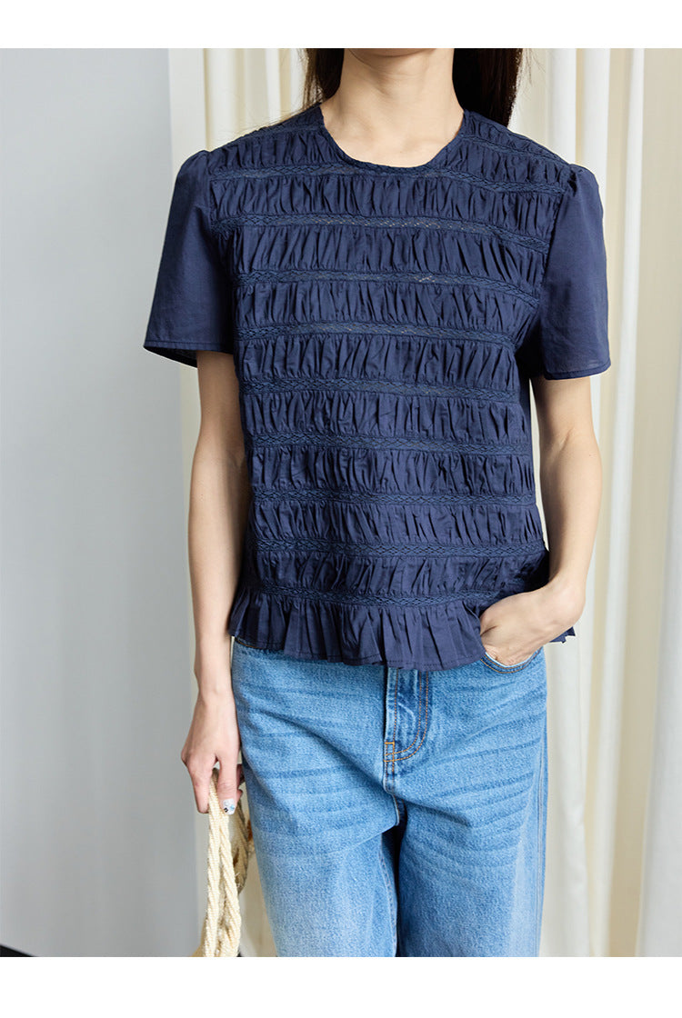 Heavy industry lace splicing round neck meat-covering and thin shirt summer short sleeves