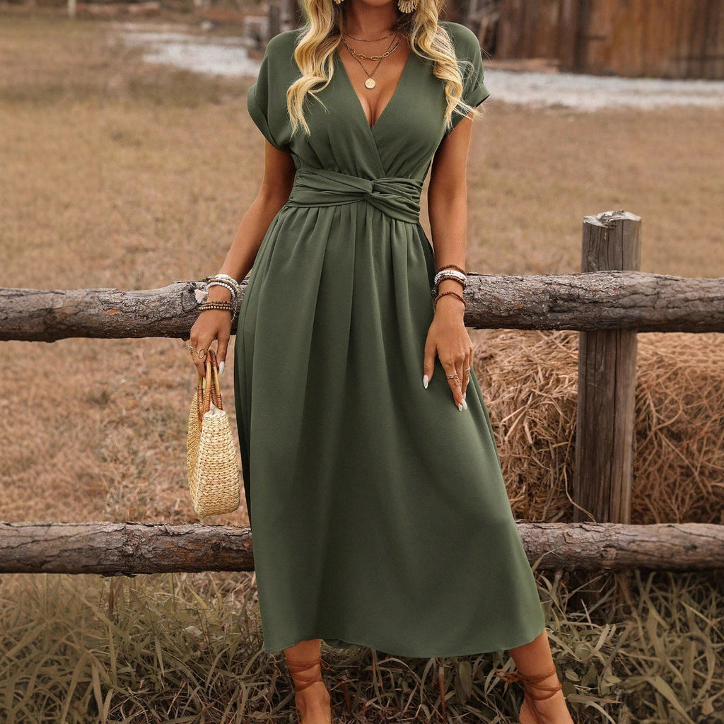 Women's Summer Solid Color Waist V-Neck Bat Sleeve Waist Folds Long Elegant Dress