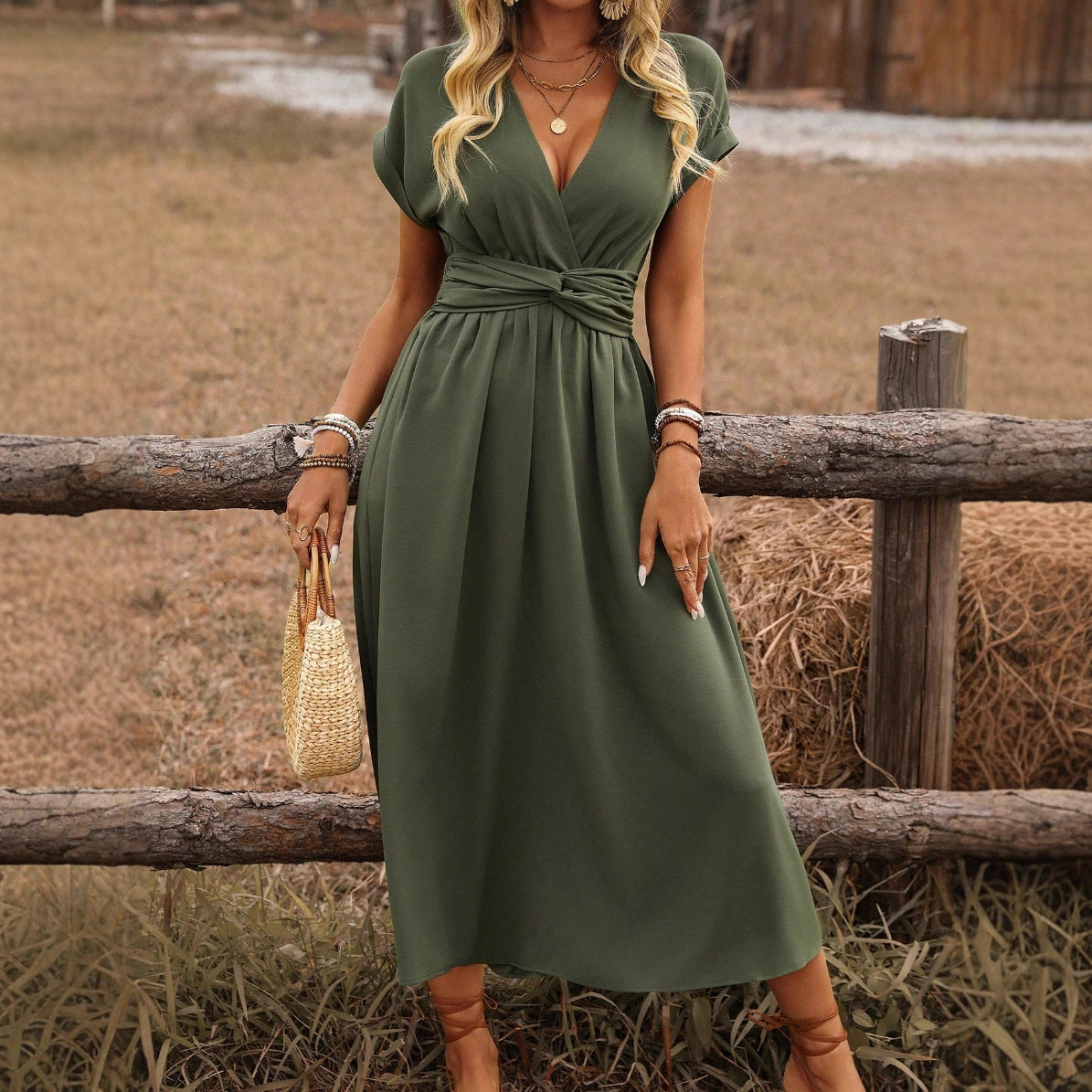 Women's Summer Solid Color Waist V-Neck Bat Sleeve Waist Folds Long Elegant Dress