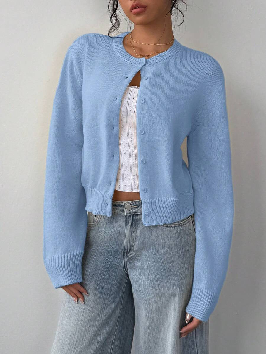 Autumn and winter round neck threaded long-sleeved button women's cardigan jacket sweater soft waxy short loose and thin