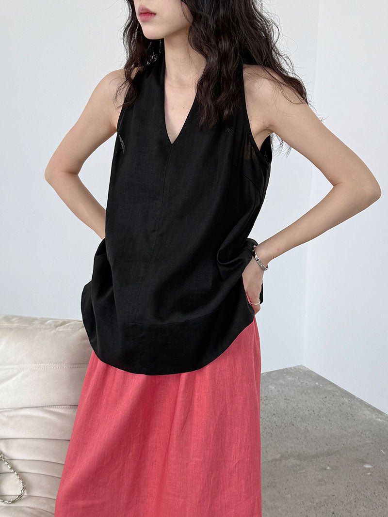 French linen V-neck neck vest women's summer new holiday style suspender top shirt T-shirt