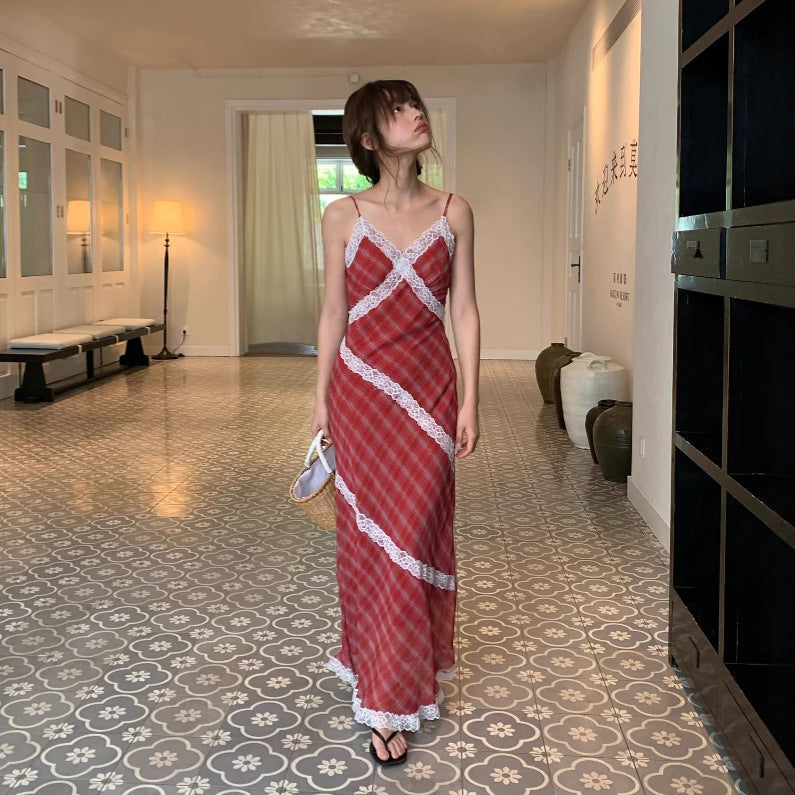Red checked lace stitching suspender dress