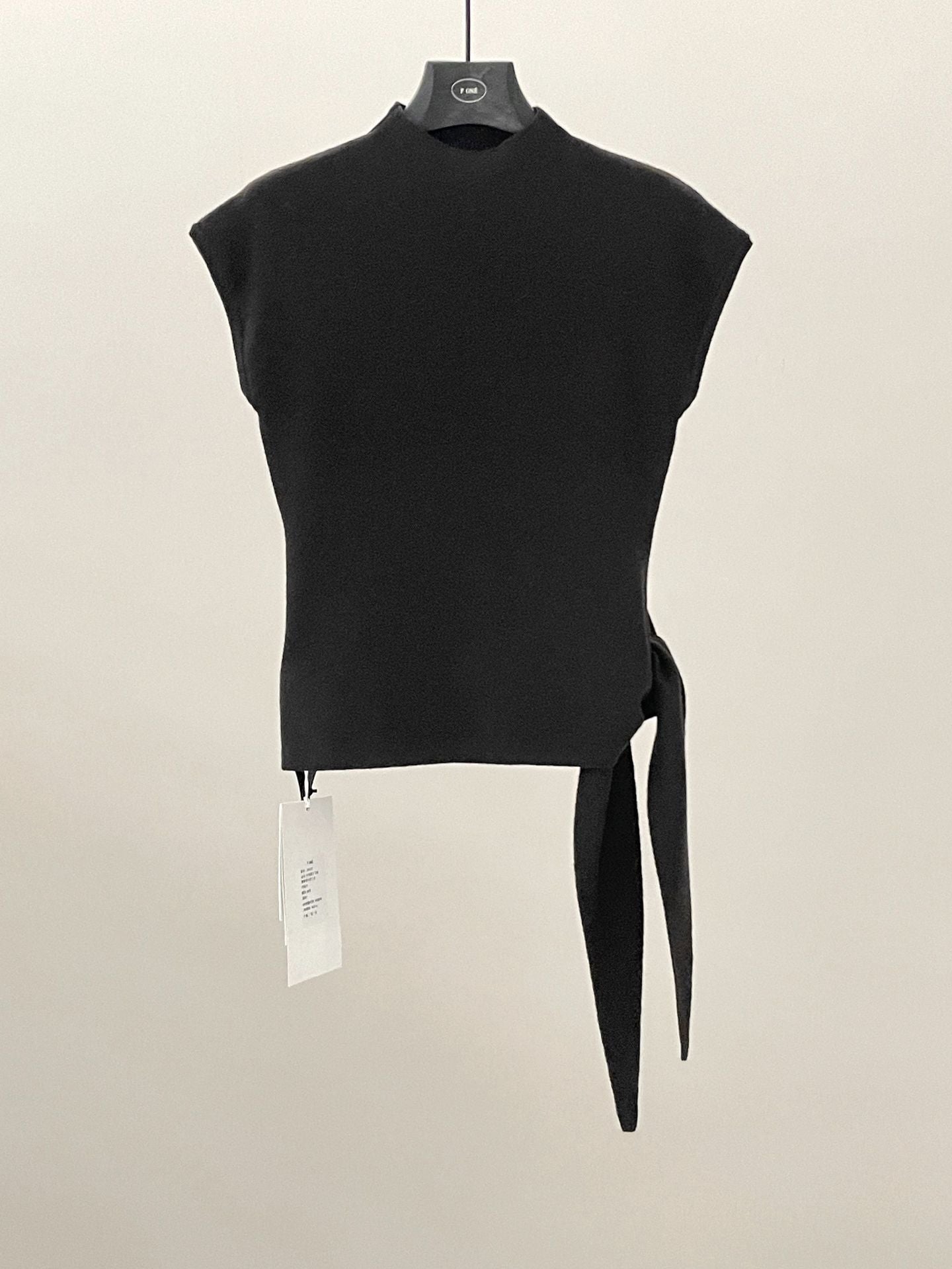 Spring minimalist style tie-up tie stand-up collar solid color knitted short-sleeved T-shirt 59027