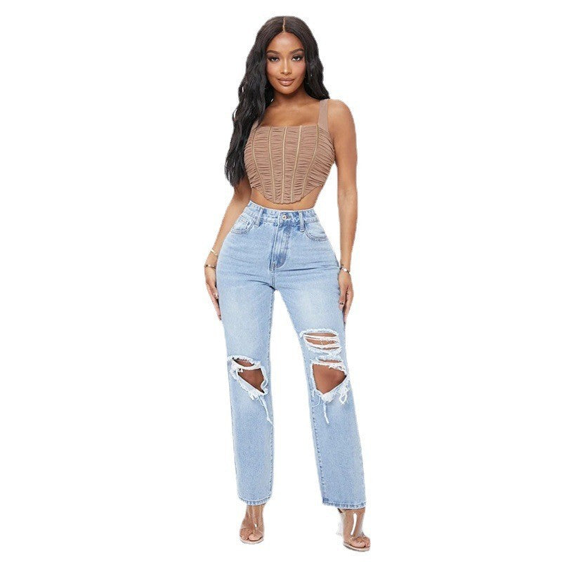 High-Waist Ripped Straight Leg Jeans
