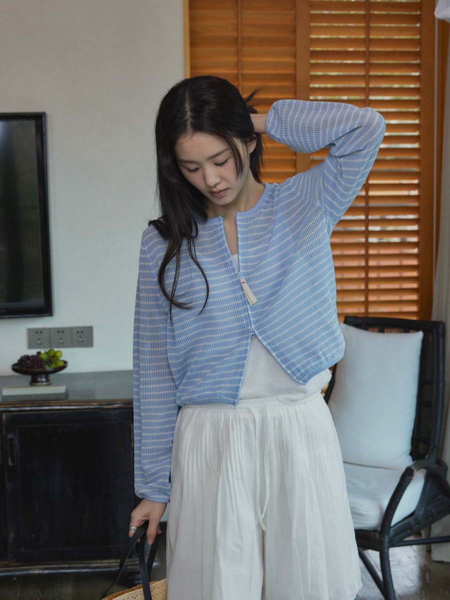 Double-ended zipper gentle white hollow knitted sunscreen shirt long sleeves