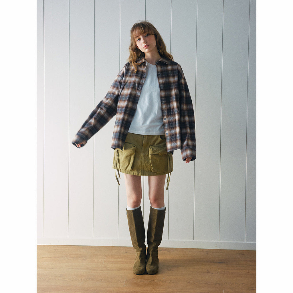 Autumn new casual lapel classic retro cotton versatile plaid medium and long shirt