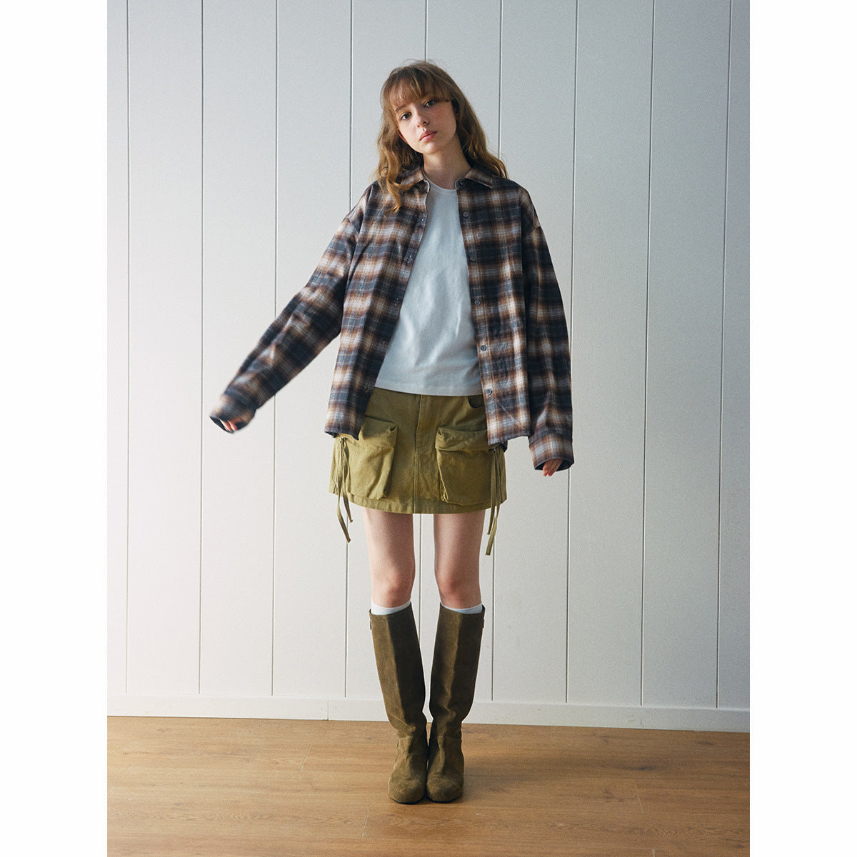Autumn new casual lapel classic retro cotton versatile plaid medium and long shirt