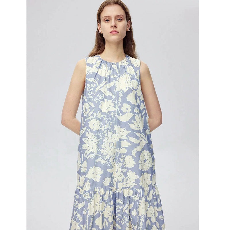 Summer new French niche design floral silhouette print streamer sleeveless dress