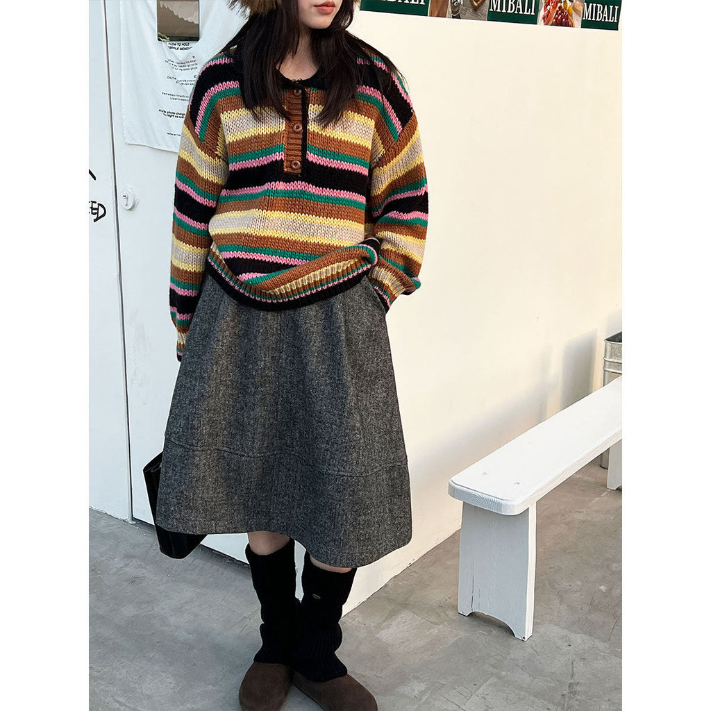 Korean striped polo neck sweater women's autumn and winter long-sleeved loose soft waxy knitted sweater colored top