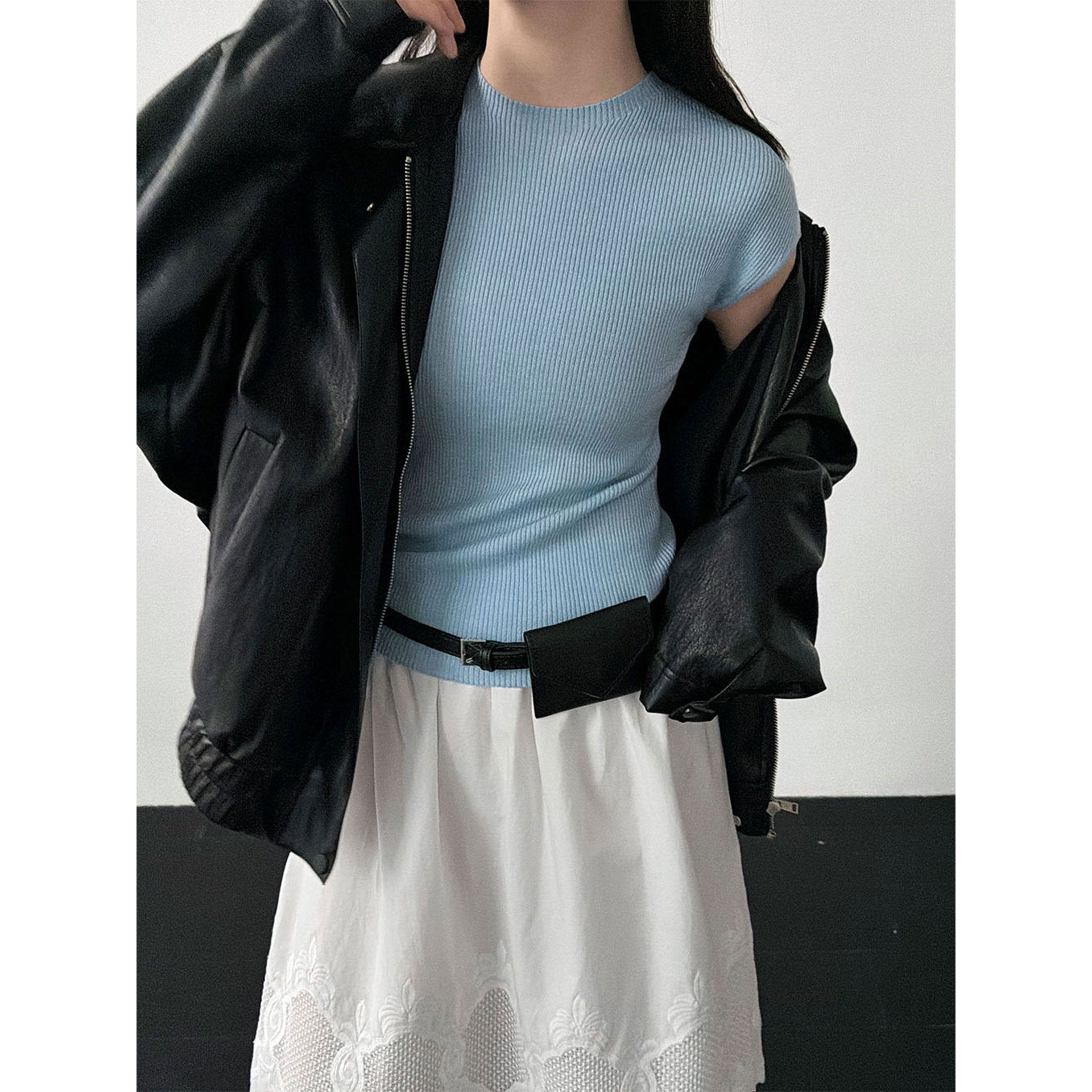 Simple slim temperament flying sleeves wool knitted top women's 26 spring new versatile T-shirt