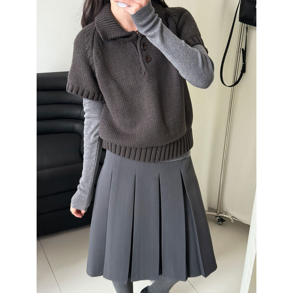 Korean simple Polo neck knitted sweater women's winter new temperament stacked wear thin short-sleeved sweater