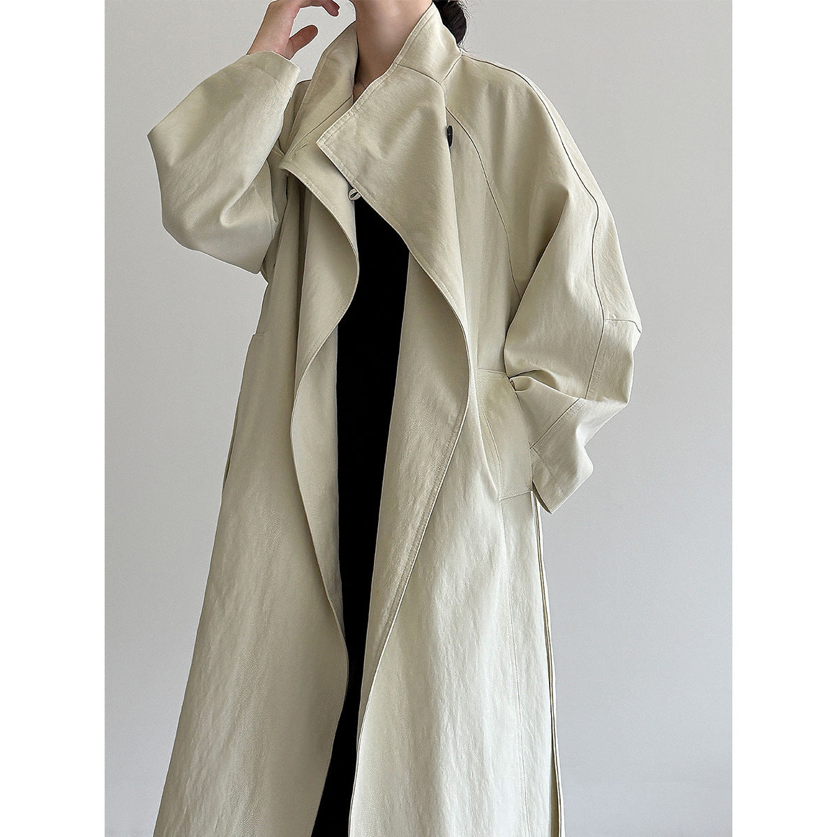 Korean high-end one-button stand-up collar loose coat women's autumn new medium and long trench coat