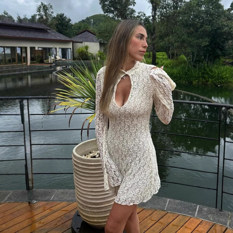 Hot-selling women's clothing summer new products fashion sexy lace hollow hip wrap horn sleeve dress women