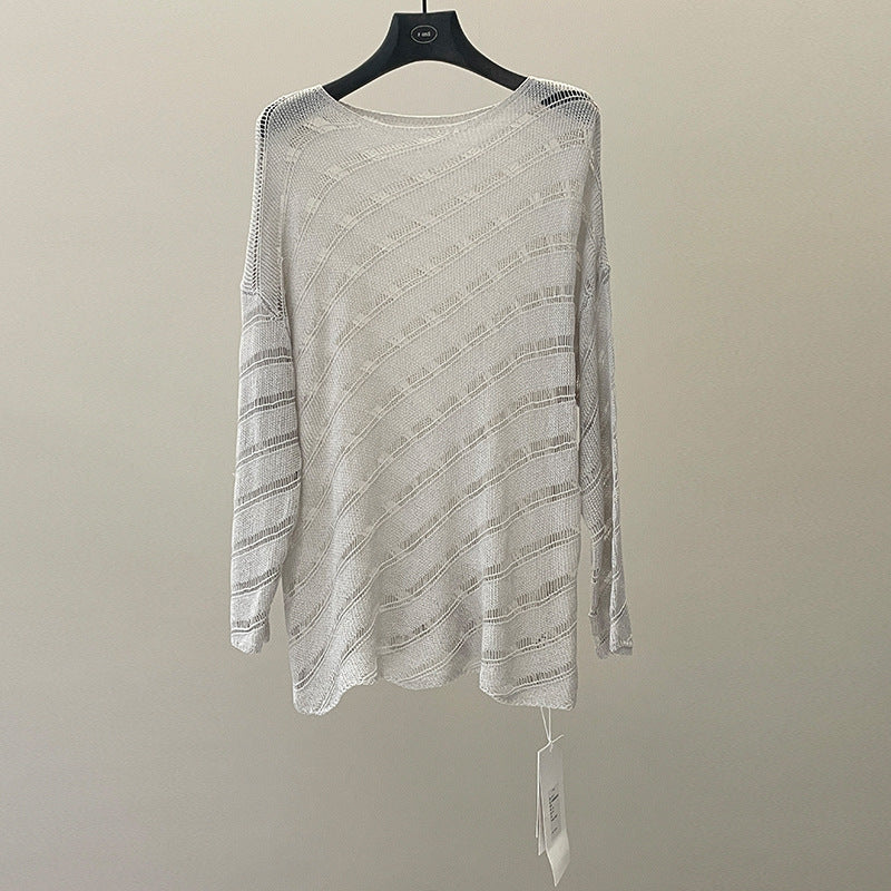 Cold hollow loose knitted sweater spring Korean lazy style long-sleeved sunscreen blouse
