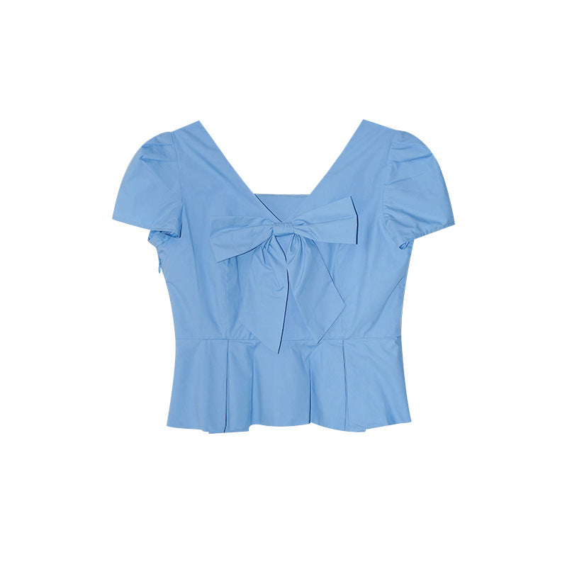 summer French sweet age reduction niche chic bow V-neck top