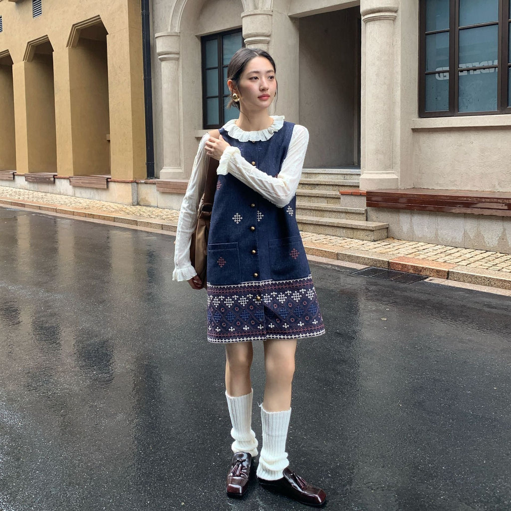 Women's Floral Embroidered Single-Breasted Sleeveless Vest Mini Dress