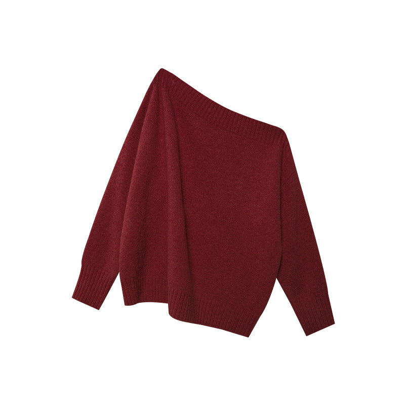 Casual lazy macaron-colored slanted shoulder sweater