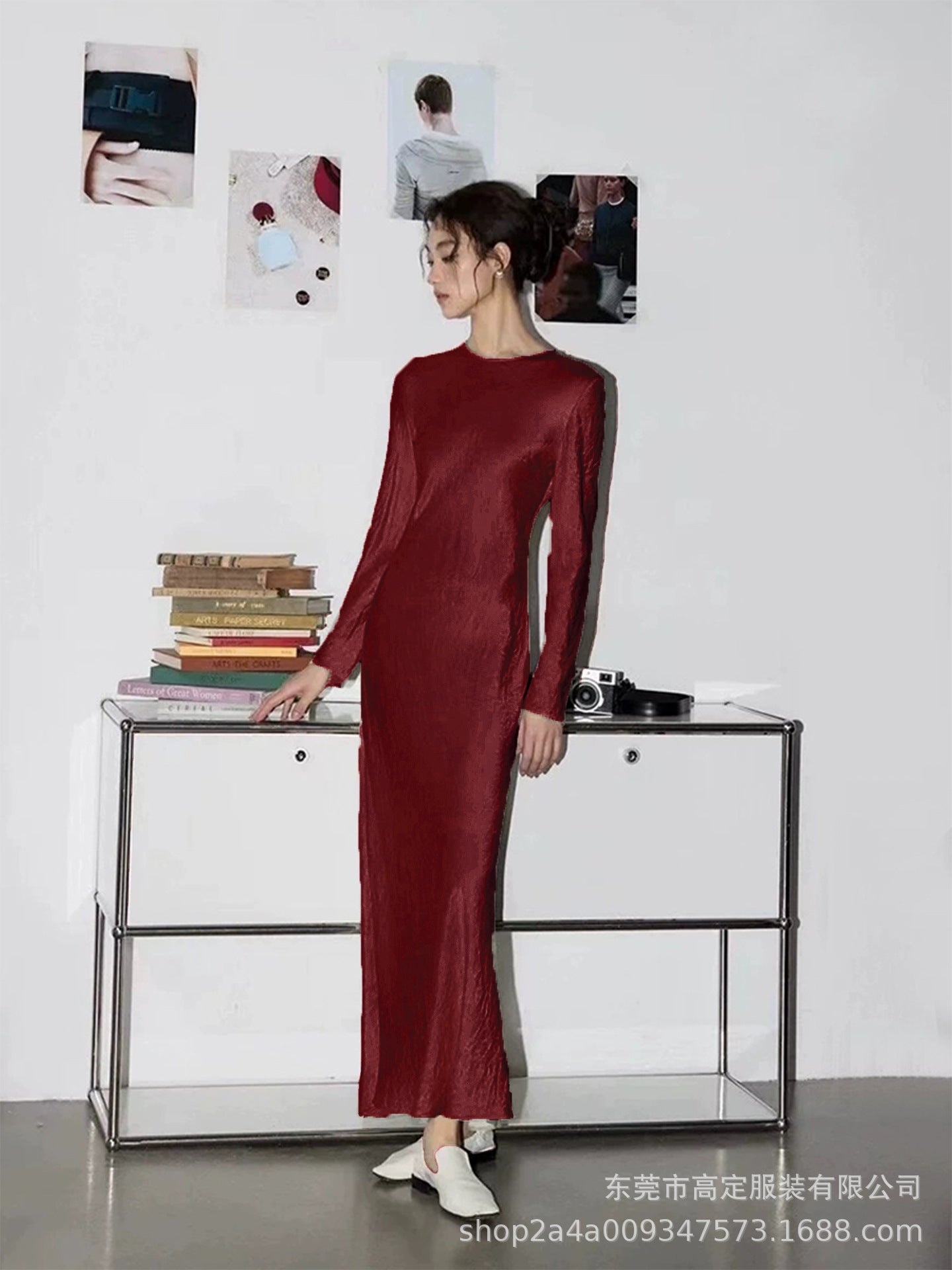 Women's French Elegance Satin Pleated Long Sleeve Dress | Acetate Fishtail Midi Dress