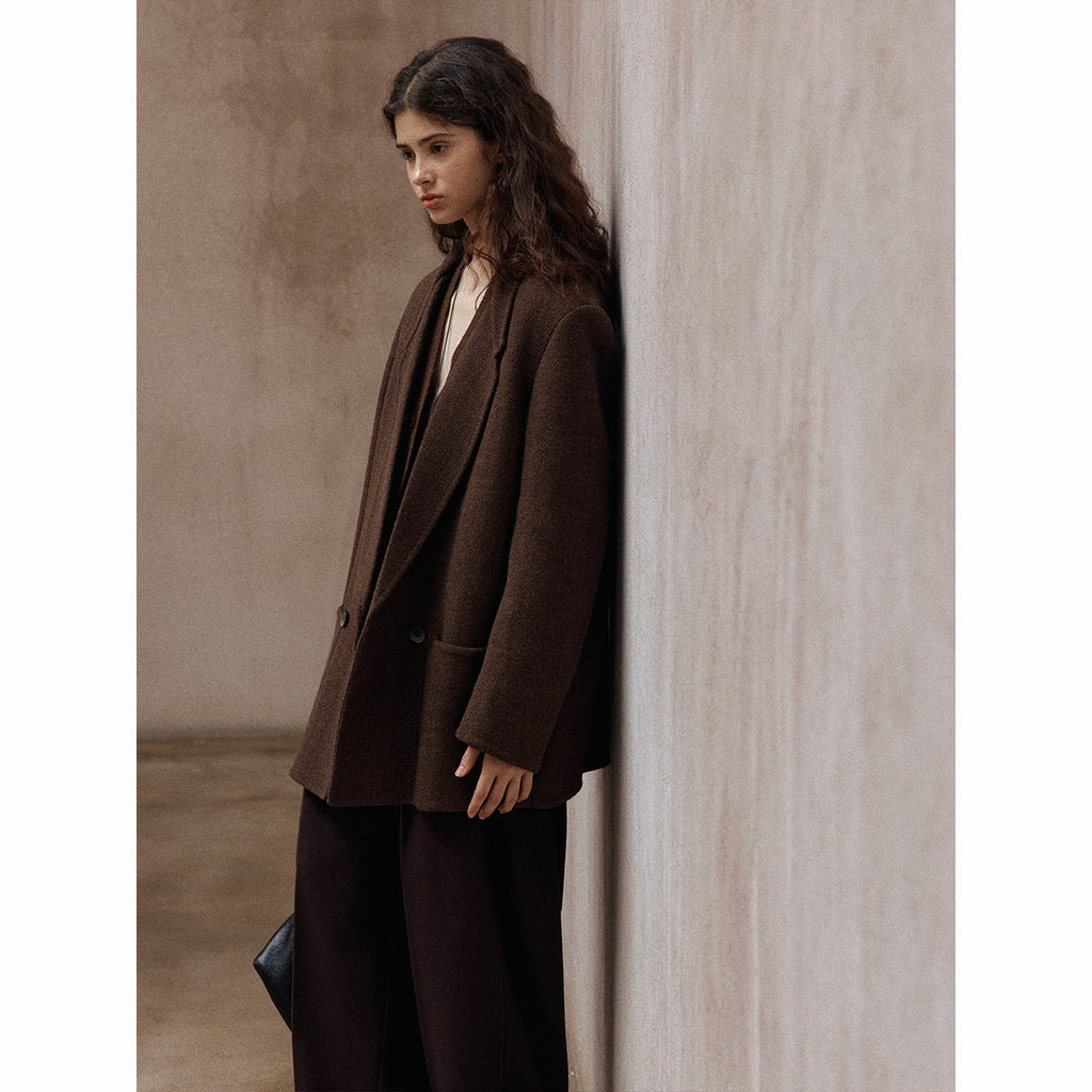 Full wool crisp and stylish simple commuter rough flower wide shoulder suit double-sided tweed jacket