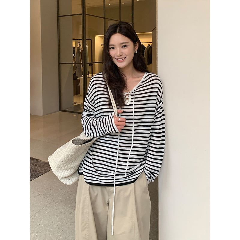 Korean striped contrasting knitted blouse