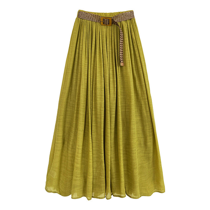Gentle resort style drape solid color A-line large swing skirt women's summer 100 matching woven belt 9732