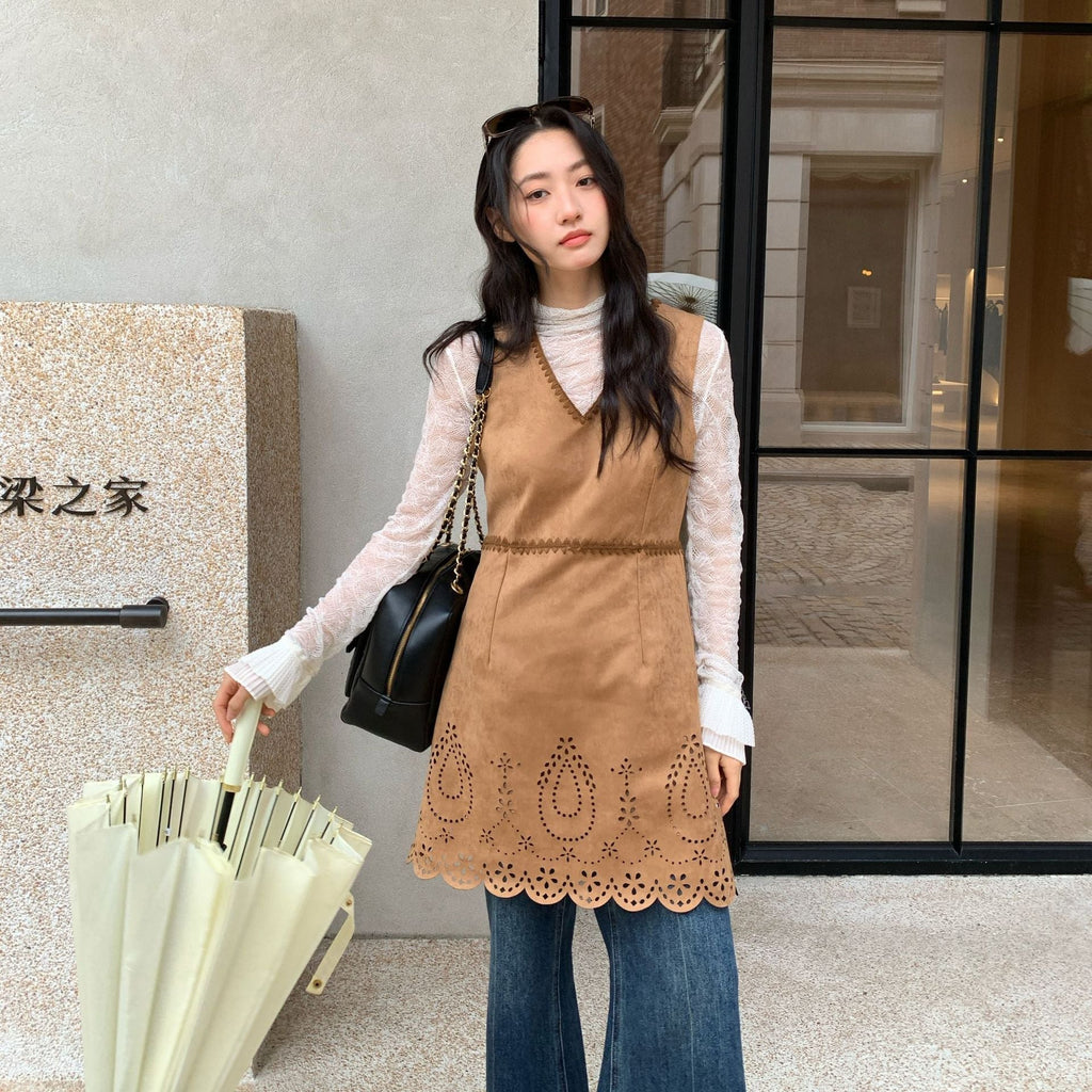 Hollow suede waist v-neck vest dress
