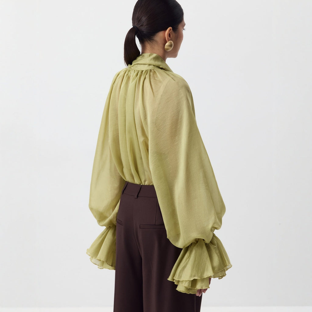 Autumn and winter ruffle shirt French temperament V-neck streamer ice silk horn sleeve top