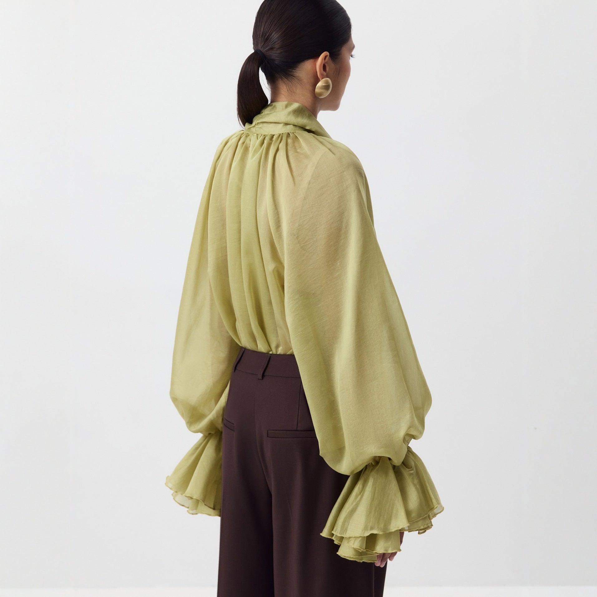 Autumn and winter ruffle shirt French temperament V-neck streamer ice silk horn sleeve top