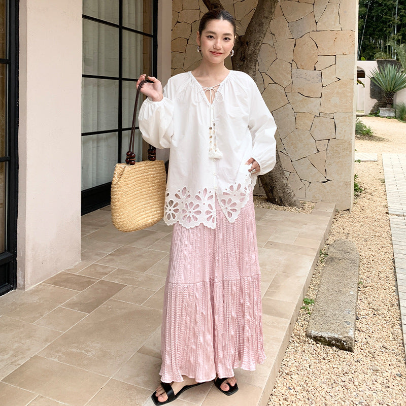 White embroidered shirt women's spring and summer loose and thin lace-up V-neck lantern sleeve top