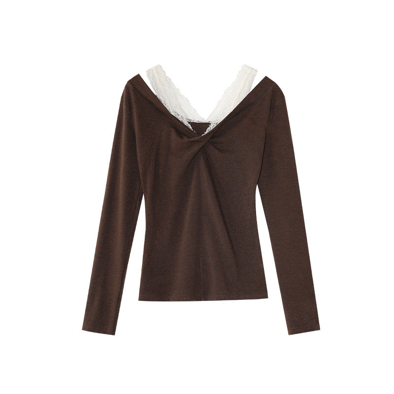 V-Neck Long Sleeve Lace Shoulder Strap Off-Shoulder Top