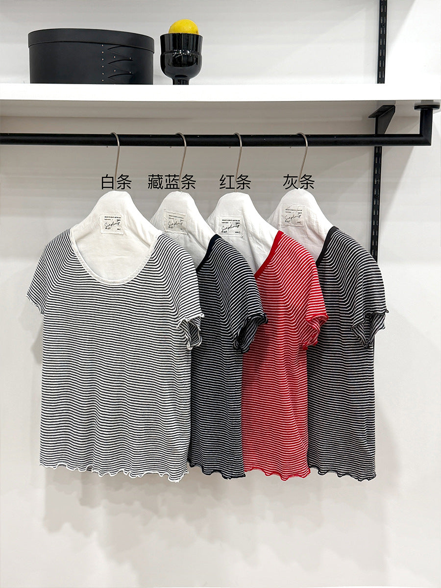 Stripe Control U-Neck Linen Shoulder Short Sleeve