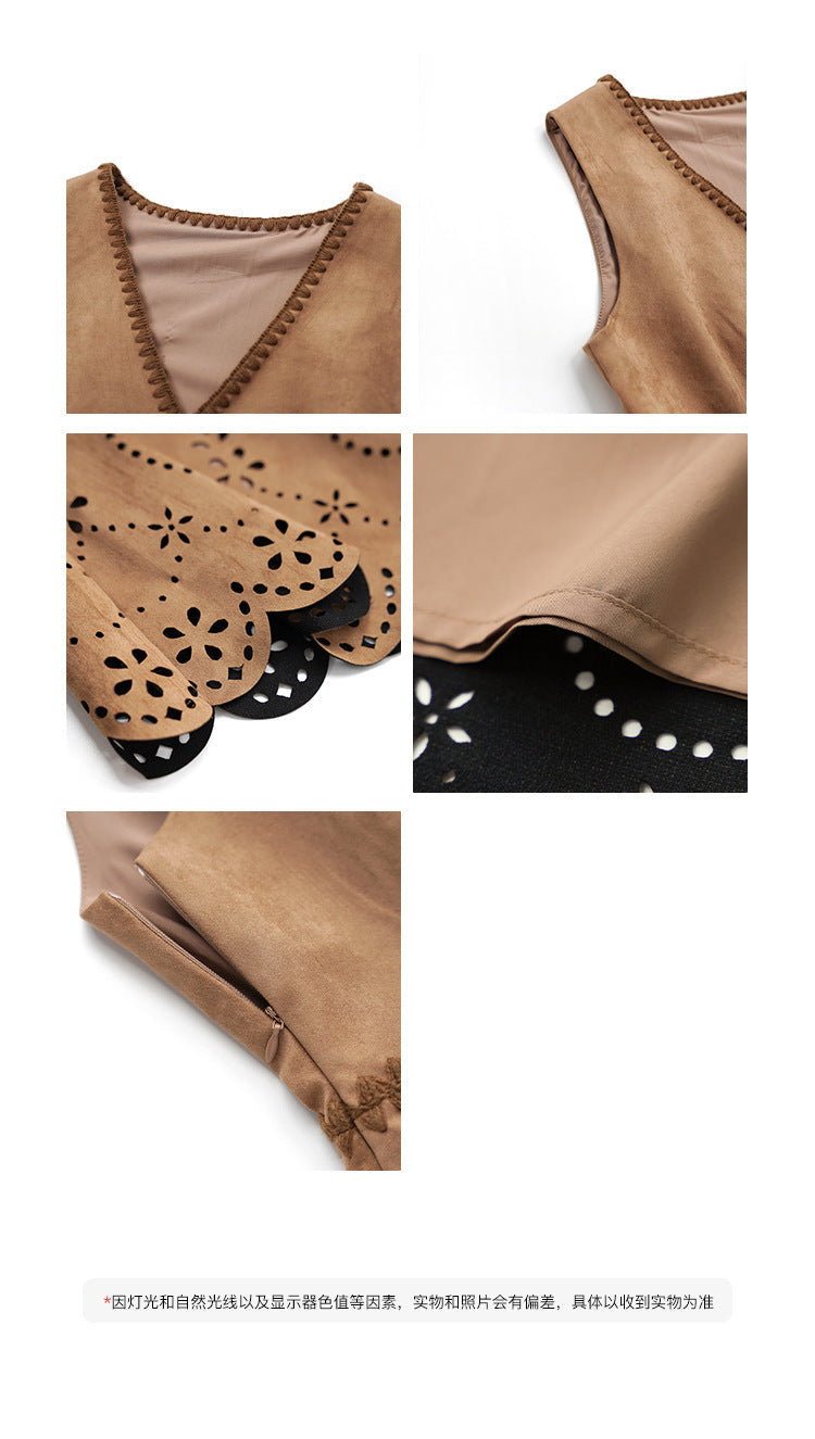 Hollow suede waist v-neck vest dress