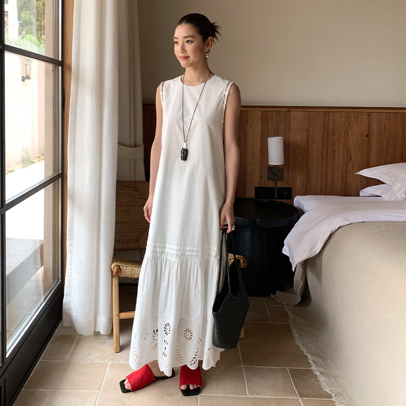Spring and summer white sleeveless dress heavy industry embroidered fishtail skirt loose and thin holiday dress